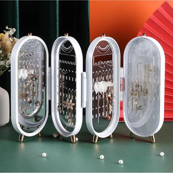 Foldable Jewelry Organizer With Mirror Earrings And Necklace Hanging Holder Beautiful Dustproof Display Jewellery Box