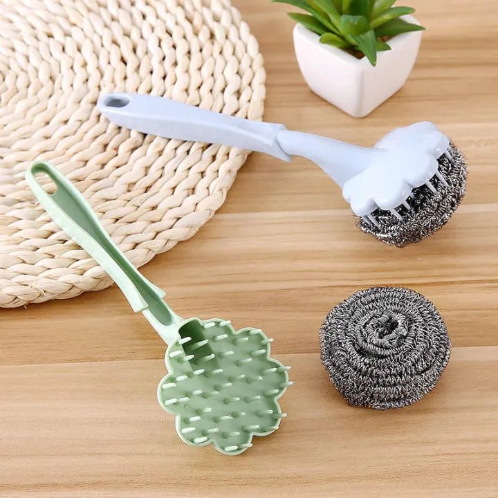 Stainless Steel Wool Ball Brush With Long Handle Kitchen Hanging Strong Cleaning
