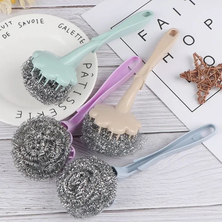 Stainless Steel Wool Ball Brush With Long Handle Kitchen Hanging Strong Cleaning