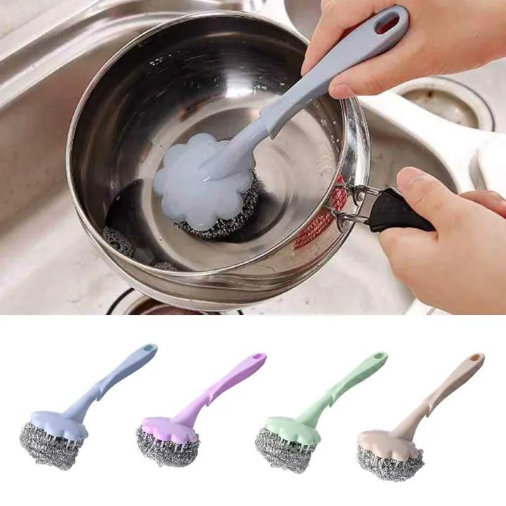 Stainless Steel Wool Ball Brush With Long Handle Kitchen Hanging Strong Cleaning